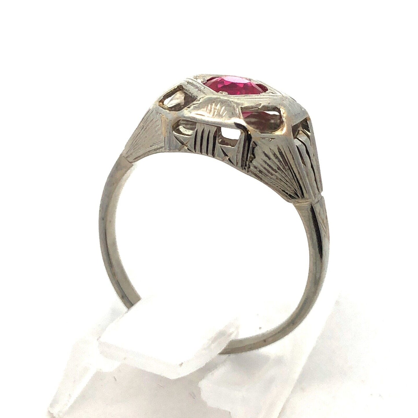 Art Deco 18K White Gold Round Ruby Solitaire Cocktail Ring