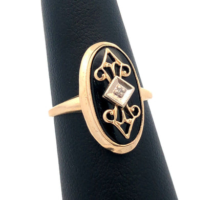 Designer PSCO 10K Yellow Gold Oval Black Onyx Diamond Art Deco Style Ring