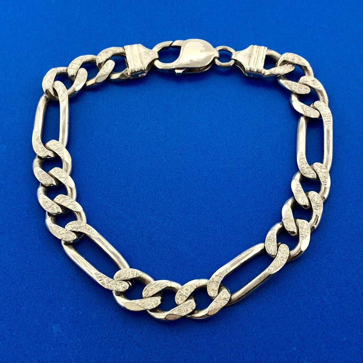 Retro 925 Sterling Silver Polished Florentine Textured Figaro Link Bracelet