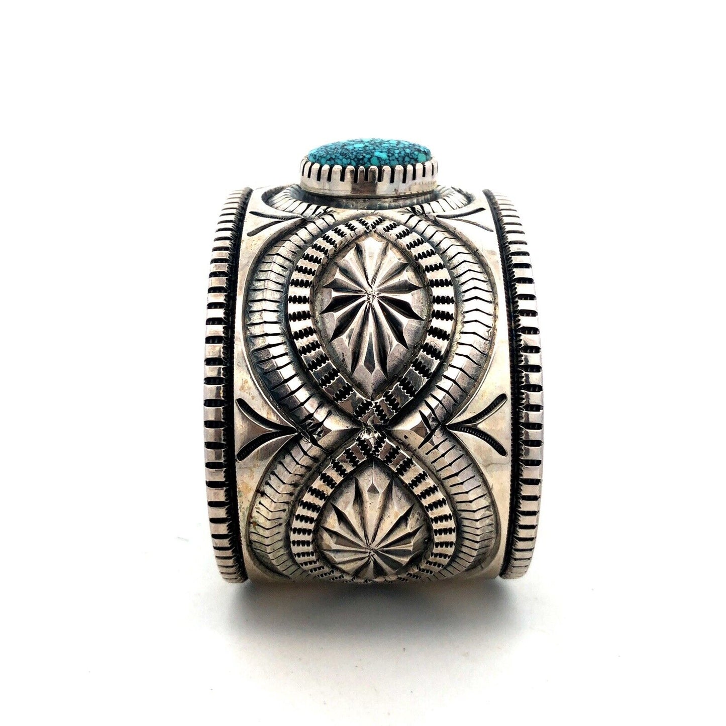 Native American Picto Signed Sterling Silver Turquoise Statement Cuff Bracelet