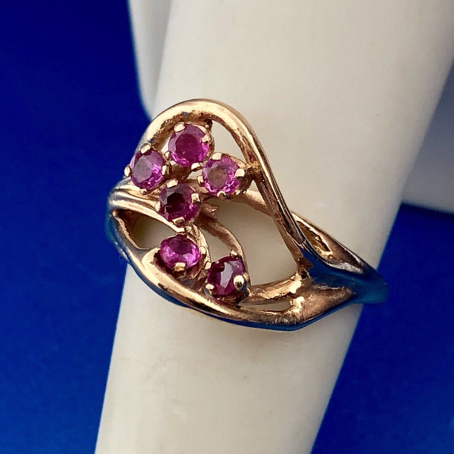 14K Yellow Gold Ruby Cluster Free Form Modernist July Birthday Cocktail Ring