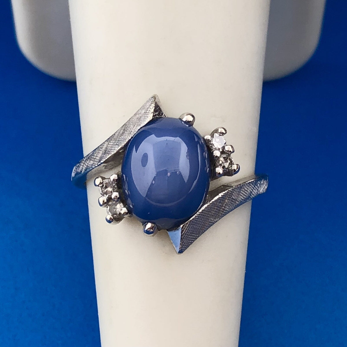 Mid Century Modern 14K White Gold Blue Star Sapphire Diamond Cocktail Ring