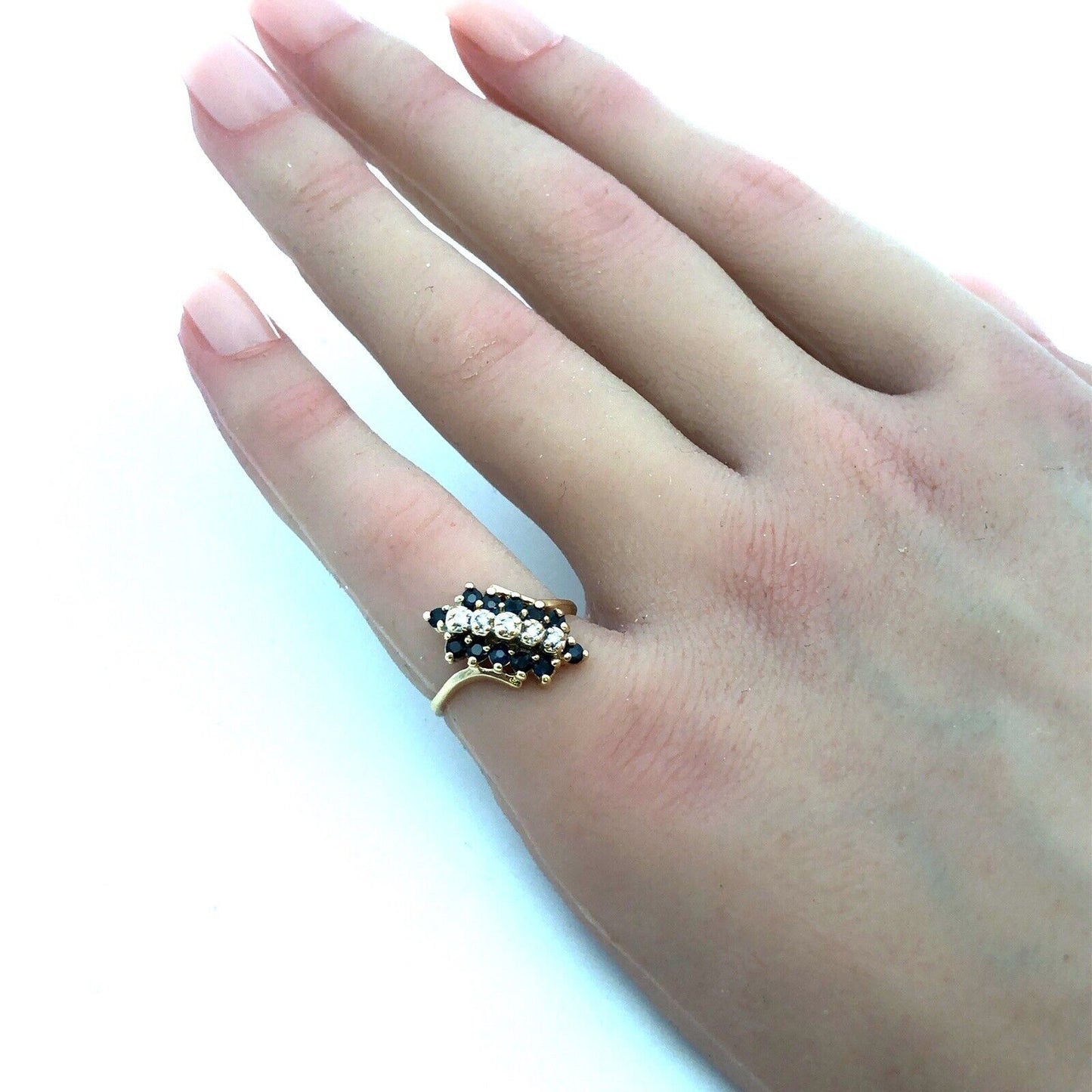 Designer WW 10K Yellow Gold Round Sapphire Diamond Oval Bypass Cluster Ring