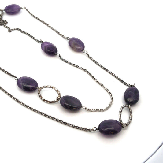 Designer NF 925 Sterling Silver Oval Amethyst Beaded Statement Chain Necklace