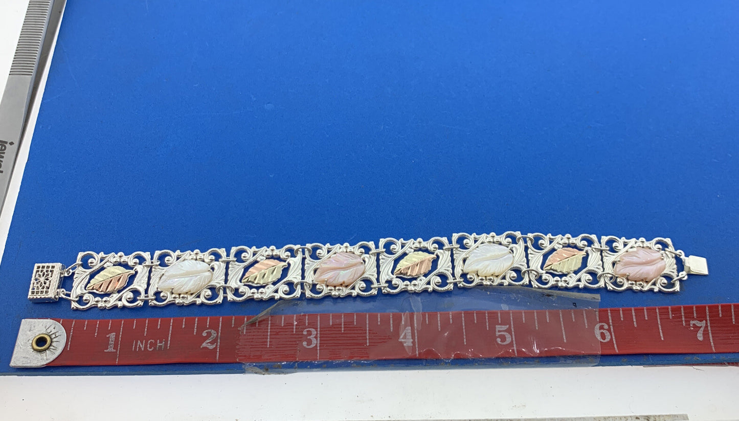 925 Sterling Silver 12K Yellow Rose Gold Mother Of Pearl Leaf Panel Bracelet