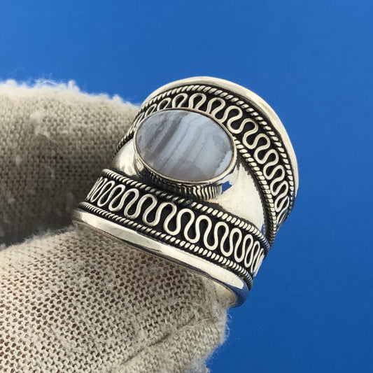 Designer BA Suarti Sterling Silver 925 Chalcedony Blue Lace Agate Cocktail Ring