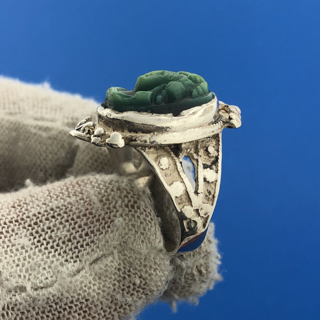 Retro 925 Sterling Silver Carved Green Mayan Aztec Warrior Cameo Ring