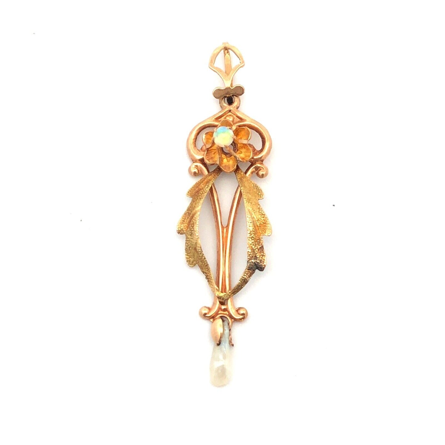 Gorgeous 10k Yellow Gold Cabochon White Opal Pearl Openwork Floral Pendant