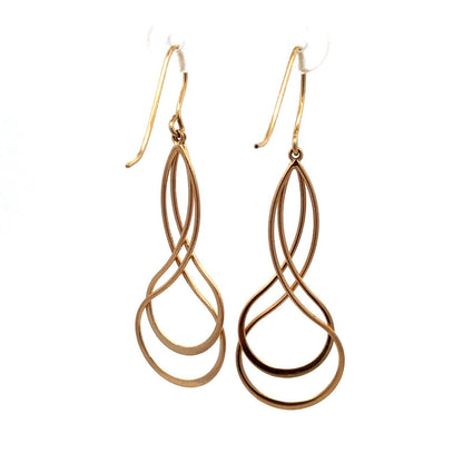 14K Yellow Gold Swirl Modernist Hook Dangle Earrings