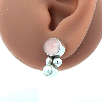 Vintage 925 Sterling Silver Oval Rose Quartz Pearl Drop Stud Earrings