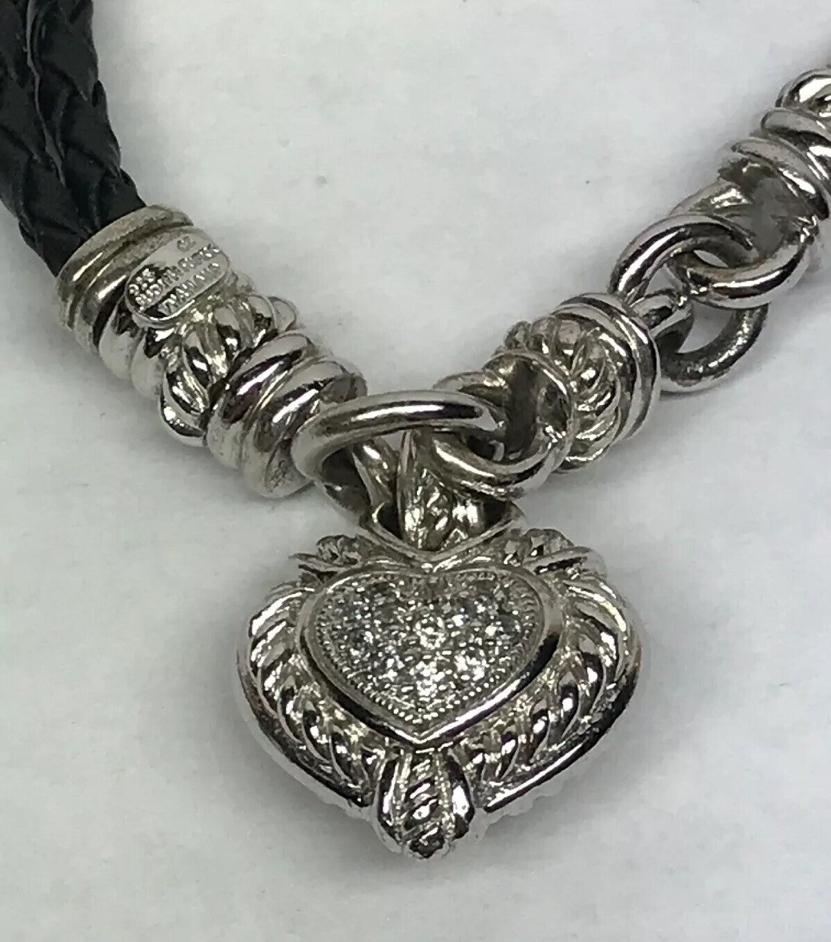 Judith Ripka Sterling Silver 925 Diamonique CZ Heart Charm Leather Bracelet