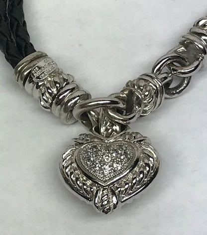 Judith Ripka Sterling Silver 925 Diamonique CZ Heart Charm Leather Bracelet