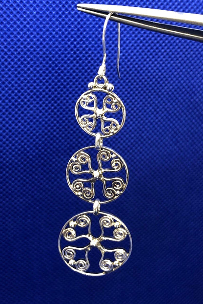 Designer BA 925 Sterling Silver Filigree Scroll Flat Round Dangle Hook Earrings