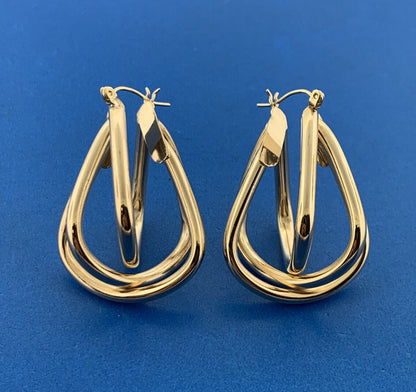 Retro 14K Yellow Gold Modernist Tubular Statement Pear Bell Dangle Drop Earrings