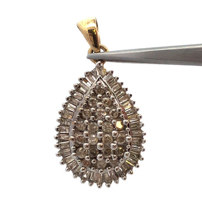 10K Yellow White Gold Diamond Cluster Pear Shaped Statement Pendant