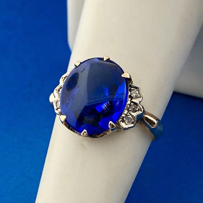 Retro 14K Yellow Gold Oval Blue Spinel Diamond Accented Statement Cocktail Ring