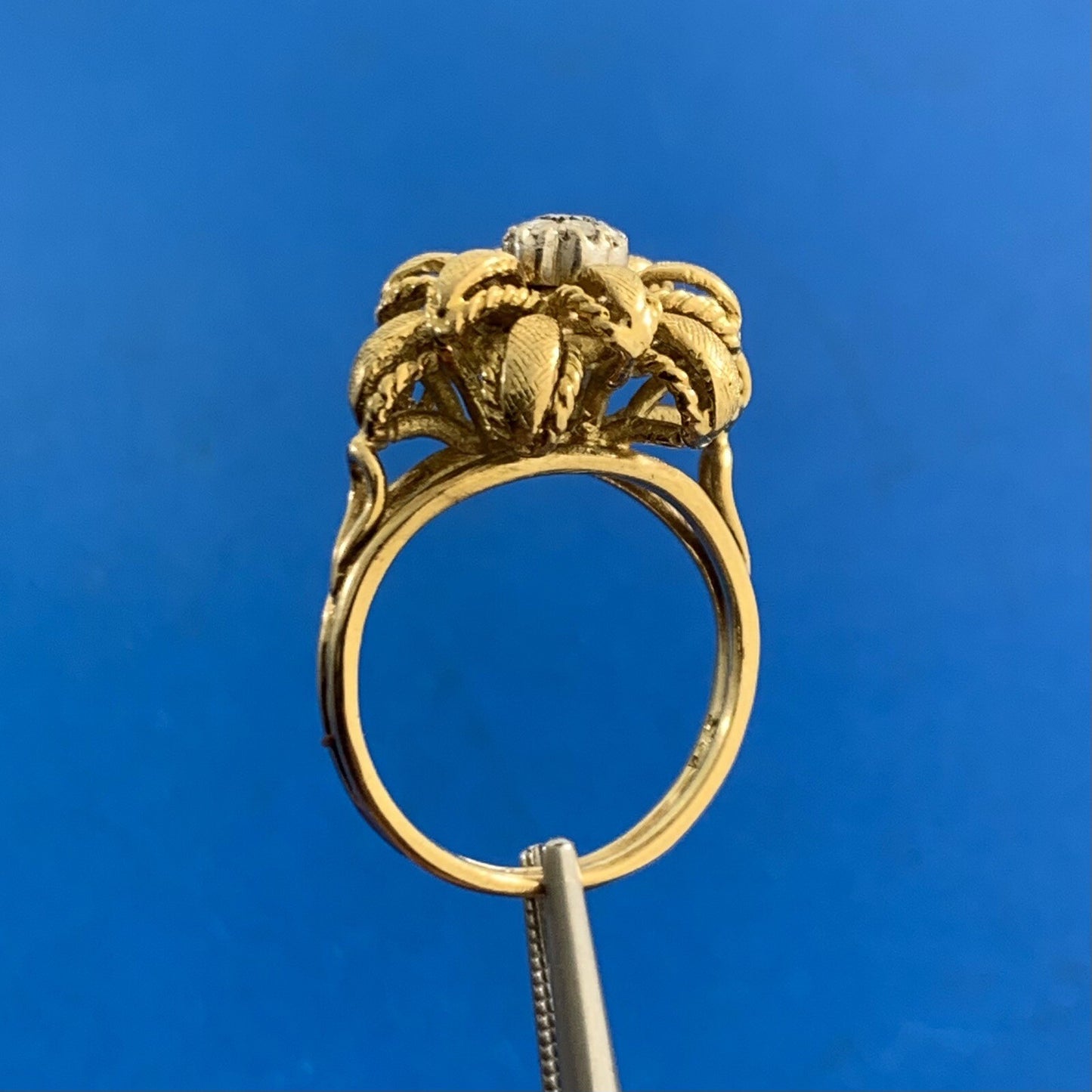 Vintage Designer 18K Yellow Gold Diamond Three Dimensional Flower Cocktail Ring