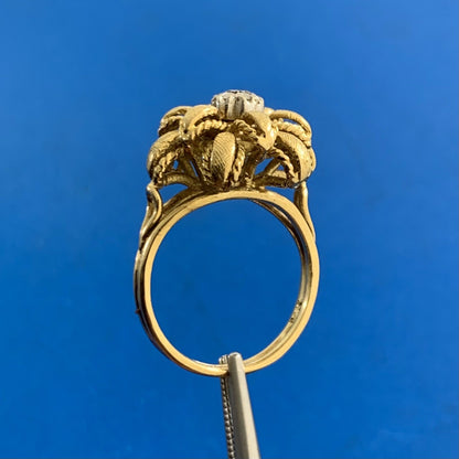 Vintage Designer 18K Yellow Gold Diamond Three Dimensional Flower Cocktail Ring