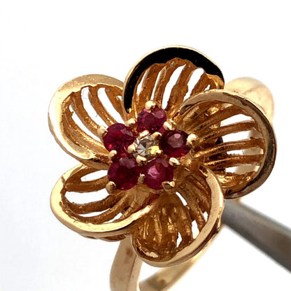 Designer 14K Yellow Gold Round Ruby Diamond Flower Daisy Cocktail Ring