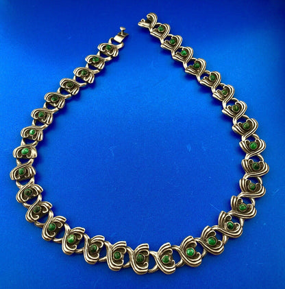 Mid Century Taxco Mexico 925 Sterling Silver Malachite Scroll Panel Necklace