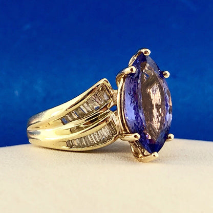 Designer 14K Yellow Gold Tanzanite Marquise Solitaire Diamond Accent Ring