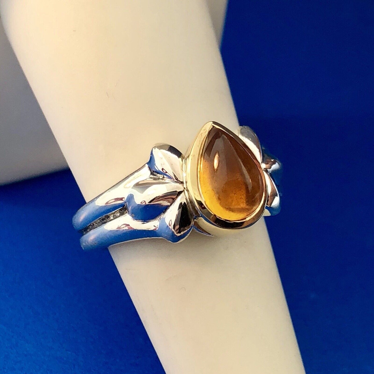 Designer Signed 925 Sterling Silver 18K Yellow Gold Citrine Pear Cabochon Ring