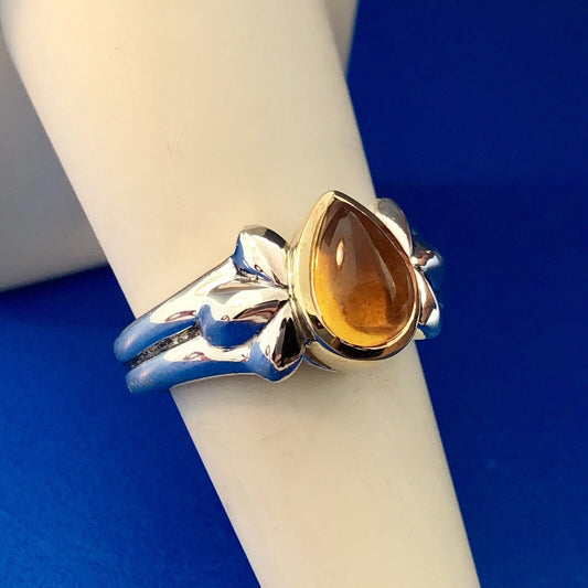 Designer Signed 925 Sterling Silver 18K Yellow Gold Citrine Pear Cabochon Ring