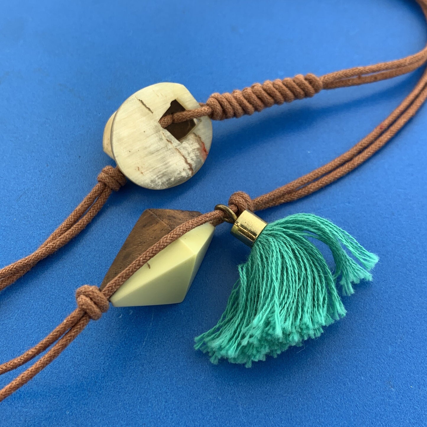 Mid Century Gold Tone Modern Wooden Bakelite Beaded Corded 2 Strand Necklace