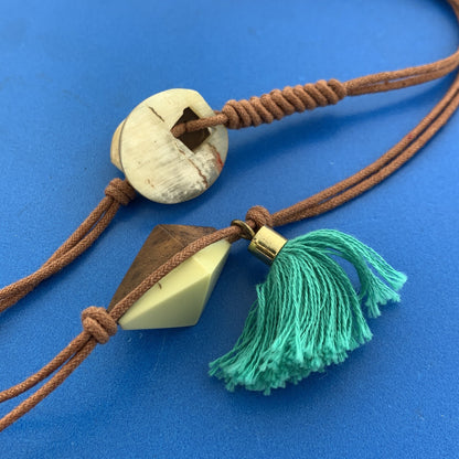 Mid Century Gold Tone Modern Wooden Bakelite Beaded Corded 2 Strand Necklace
