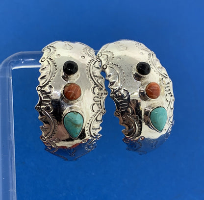 Designer 925 Sterling Silver Turquoise Coral Onyx Cocho Style Half Hoop Earrings
