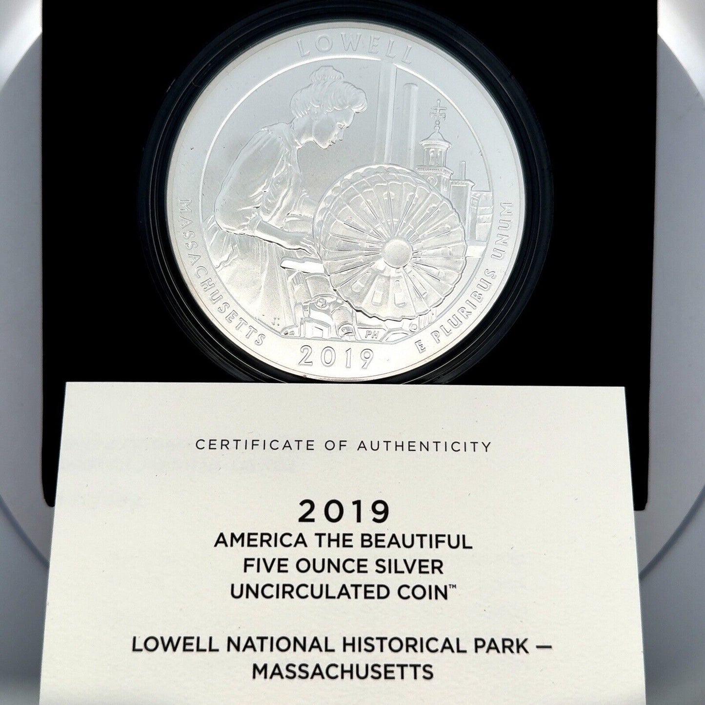 2019 P America The Beautiful Massachusetts Lowell 5 oz Silver Quarter Coin