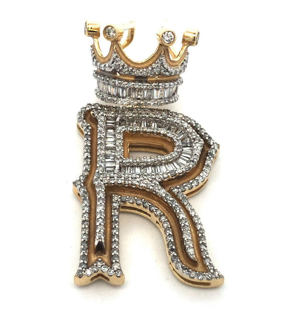 Designer Dadwani 10K Yellow Gold Diamond Initial R & Crown Statement Pendant