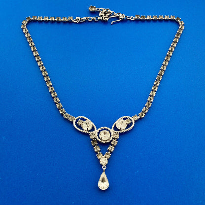Vintage Silver Tone Rhinestone Choker Necklace Earrings Bridal Evening Set