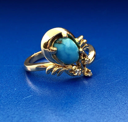 Vintage 14K Yellow Gold Diamond Turquoise Free Form Cocktail Ring
