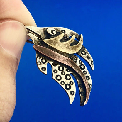 Artisan 925 Sterling Silver Brass Copper Textured Modernist Angel Fish Earrings