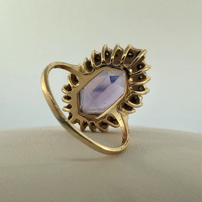 Estate 14K Yellow Gold Amethyst Diamond Halo February Anniversary Occasion Ring