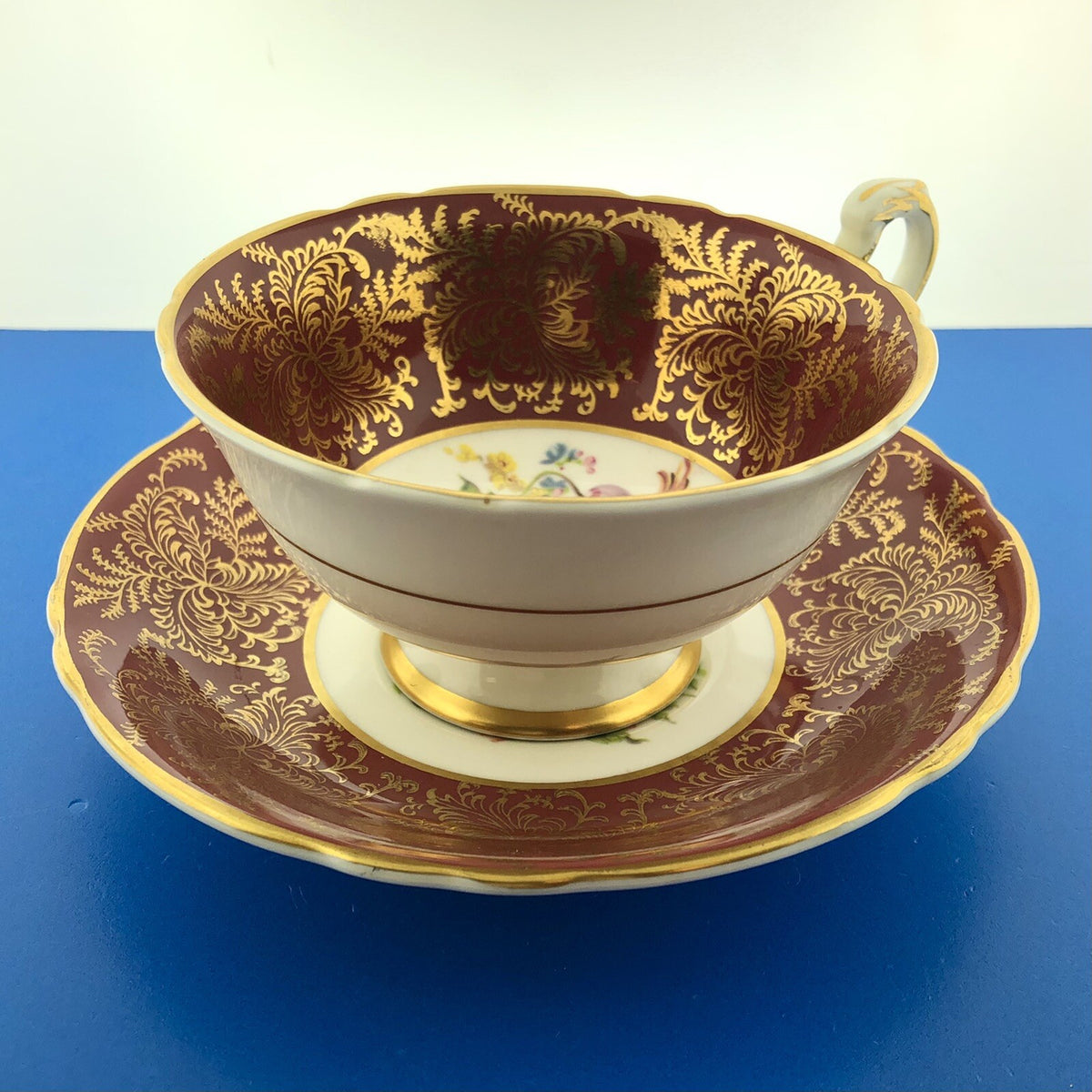 Paragon By Appointment English Bone Burgundy Gold Floral Tea Cup/Saucer