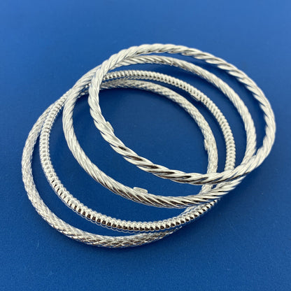 Designer Sterling Silver 925 Twisted Metal Cable 8" 4 Bangle Bracelet Set