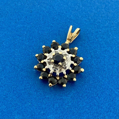 Vintage 14K Yellow White Gold Blue Sapphire Diamond Accent Anniversary Pendant