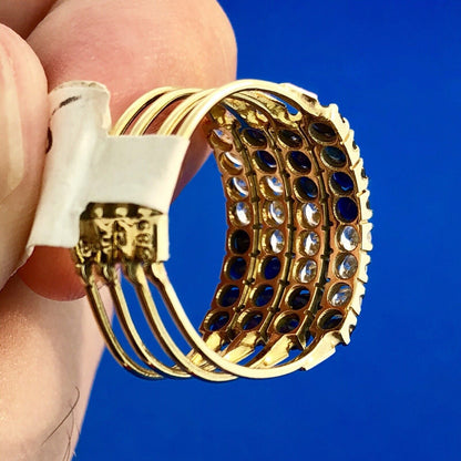 14K Yellow Gold Blue Sapphire Cubic Zirconia Cocktail Statement Stacker Ring