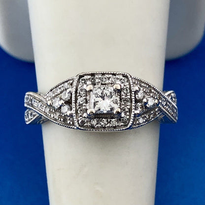 Designer 14K White Gold Diamond Princess Solitaire Halo Accented Engagement Ring