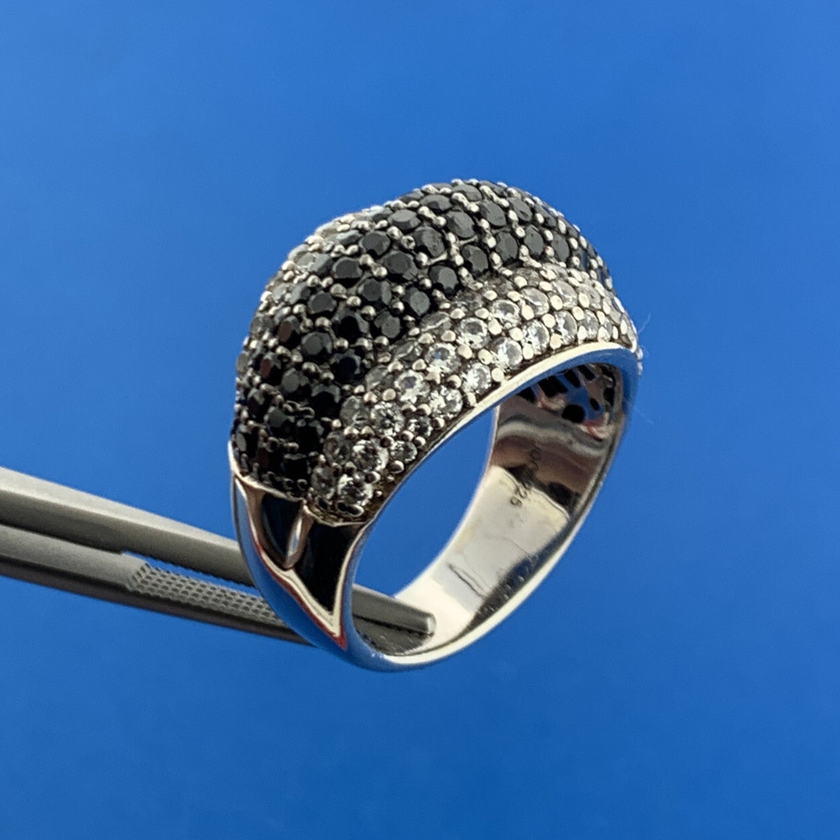 Estate JD 925 Sterling Silver Pave Black White Cubic Zirconia Dramatic Dome Ring