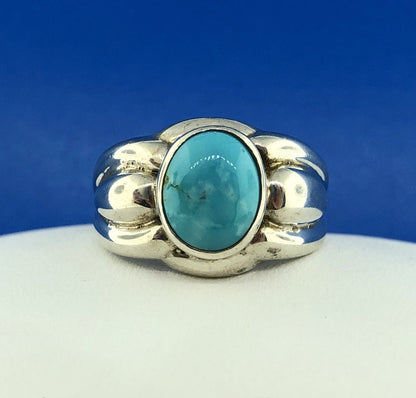 Designer OIM Sterling Silver 925 Oval Turquoise Modernist Ribbed Design Ring