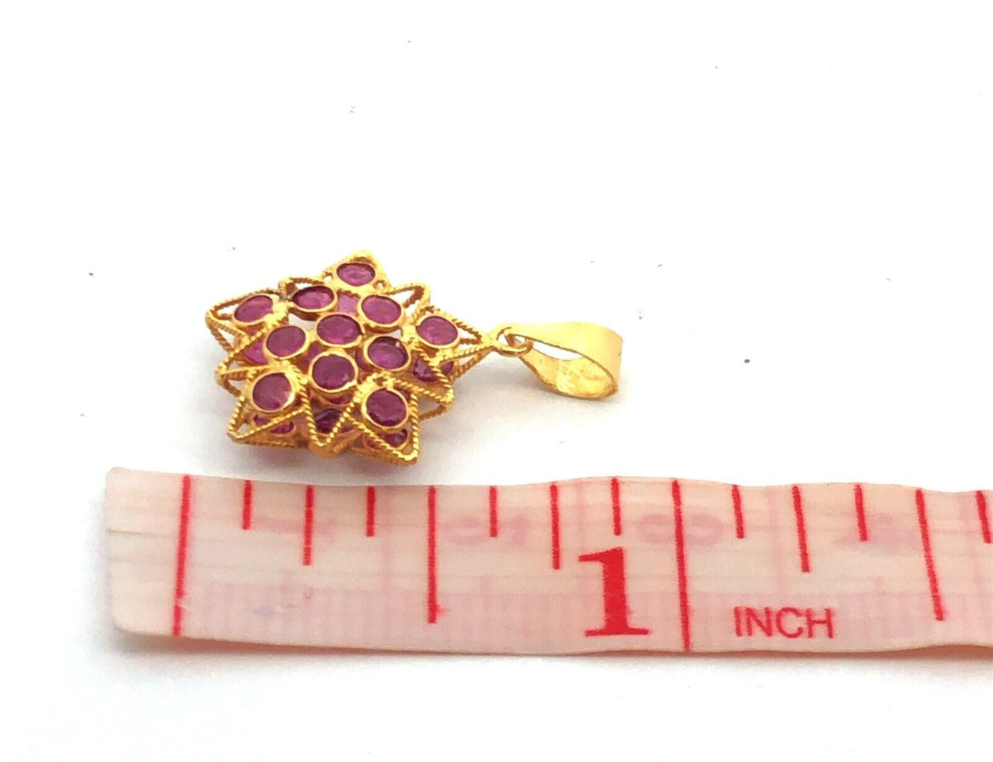 Designer 18K Yellow Gold Round Ruby Cluster Star Snowflake Pendant