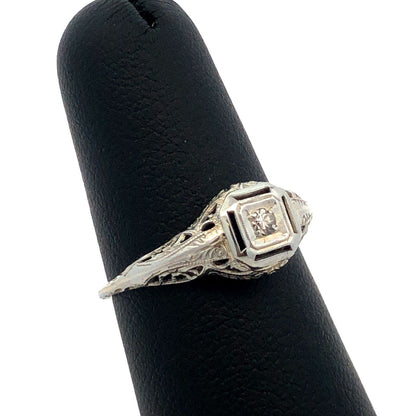 Vintage Art Deco 14K White Gold Round Diamond Filigree Square Engagement Ring