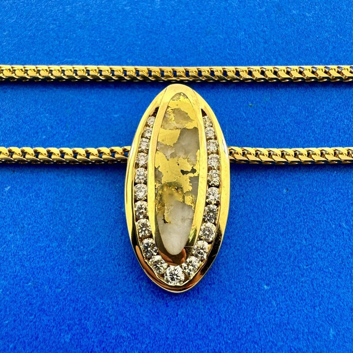 Designer 14K Yellow Gold Quartz w/Gold Vein Diamond Accent Oval Pendant Necklace