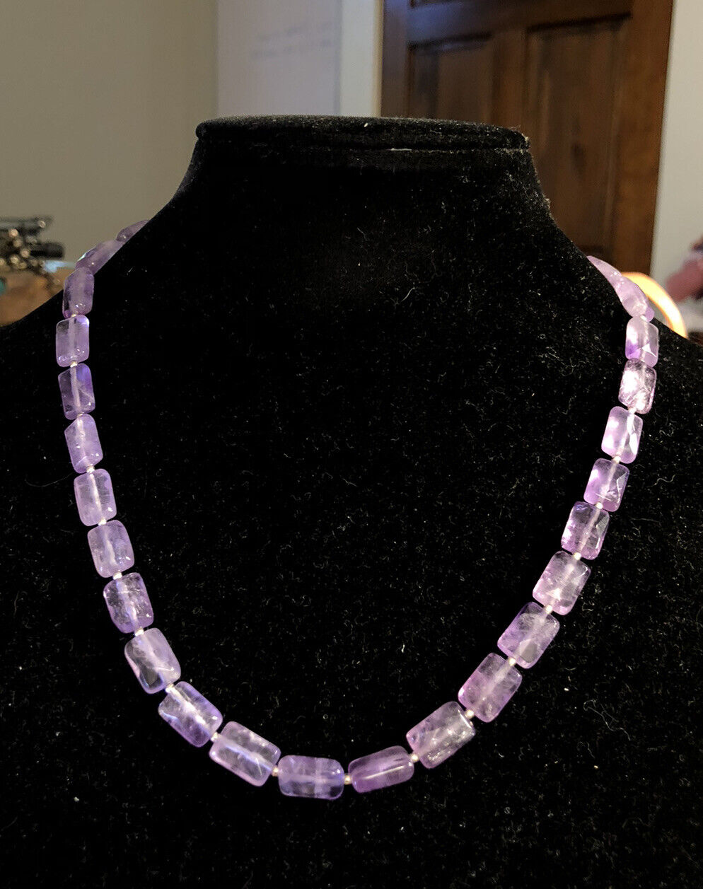 Vintage 925 Sterling Silver Rectangle Faceted Purple Amethyst Beaded Necklace