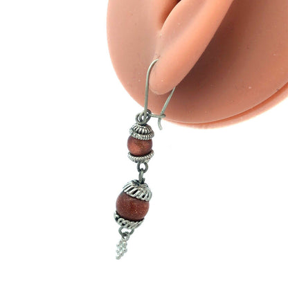 Vintage Silver Tone Orange Goldstone Glitter Beaded Hook Dangle Earrings