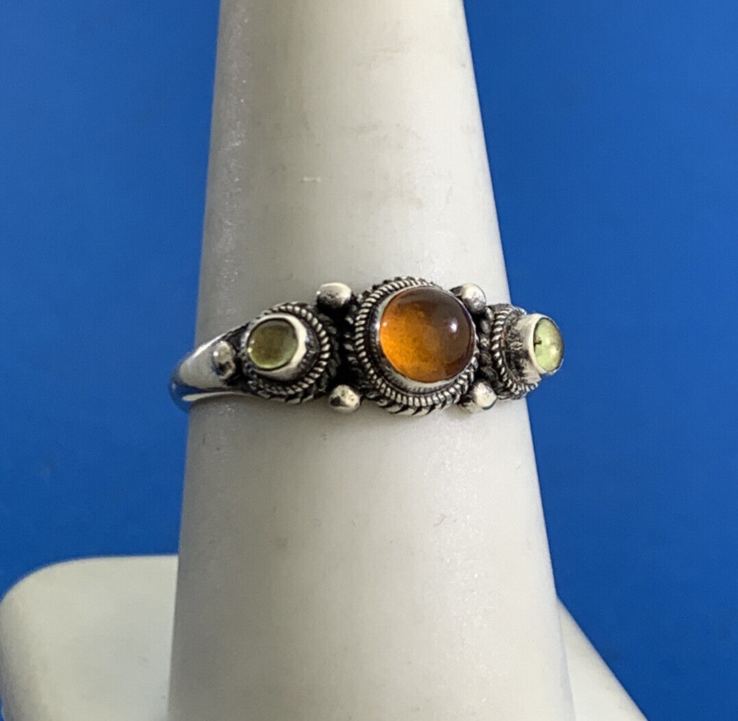 Estate 925 Sterling Silver Amber Peridot Accented Balinese Style Size 8 Ring