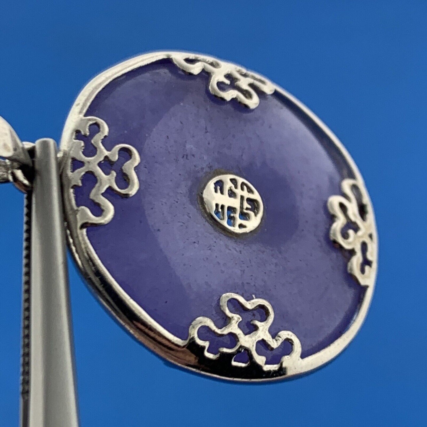 Chinese Export 925 Sterling Silver Lavender Long Life Statement Disc Pendant